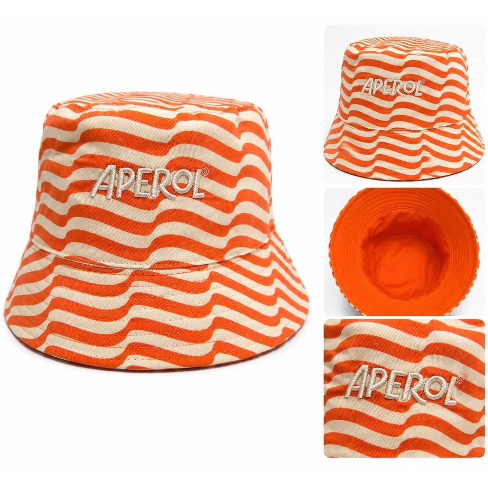 Aperol Orange Cream Wavy Stripe Bucket Hat Embroidered Logo One Size Unisex
